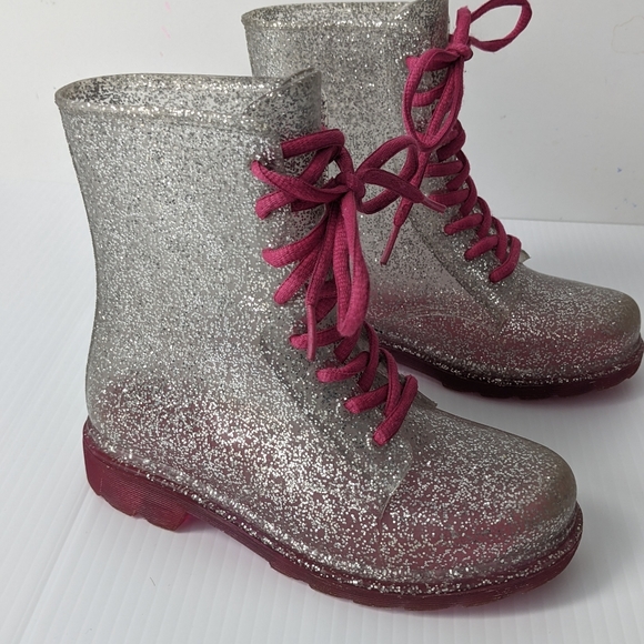 Girls Sparkle Rain Combat Style Boots with pink Laces - Sz. 11-12 - Picture 4 of 8